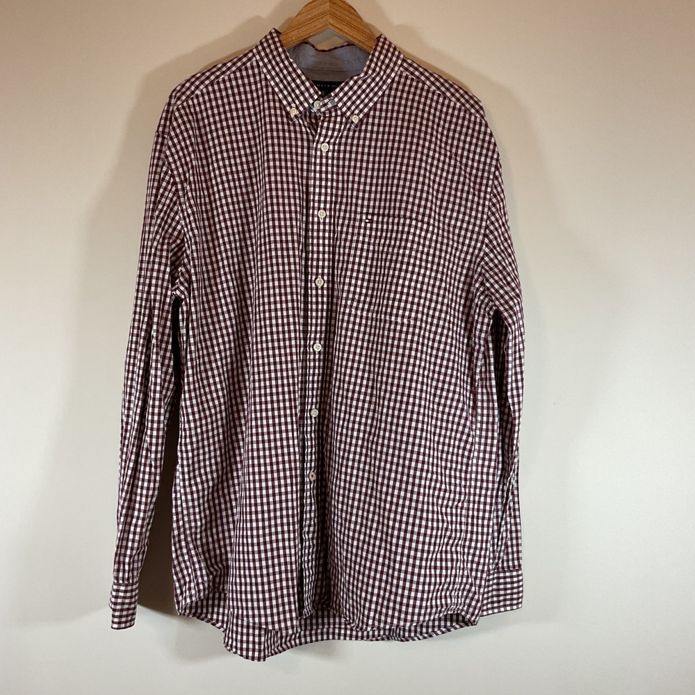 Tommy Hilfiger Mens XL Gingham Button Down Shirt Burgundy White Classic Fit